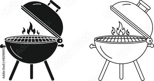 Black and white illustrations of two outdoor charcoal kettle grills open lids