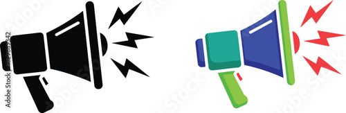 Black and colorful megaphone icons with lightning bolts radiating outwards