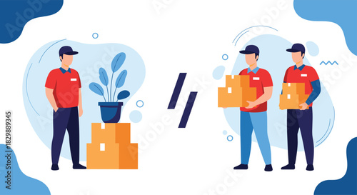 Illustration showcasing a seamless relocation process, contrasting an individual's packed belongings with professional movers delivering boxes.