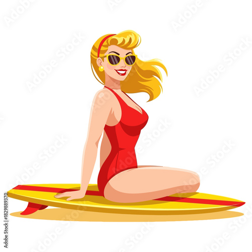 Blonde pin up girl in a red swimsuit sitting on a surfboard.