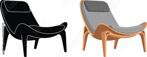 Two modern armchairs one black and one wood toned shown in a design illustration