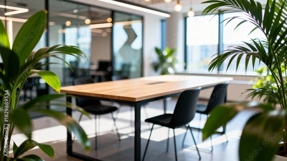 Obraz premium Empty Modern Coworking Office Meeting room Lush Indoor Plants Professional Corporate Workplace. bright Sunlight with trees and plants.