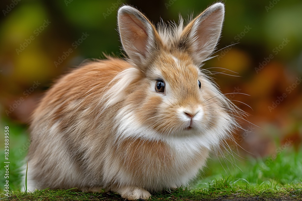 Fototapeta premium Fluffy Brown and Image White Rabbit Sitting on Green Grass