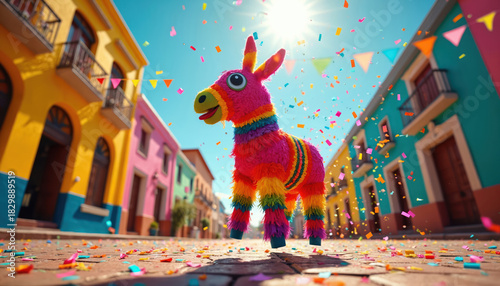 Colorful donkey pinata stands on cobblestone street surrounded by confetti. Vibrant buildings with balconies, bunting flags in background. Celebration atmosphere with Mexican architecture, festive