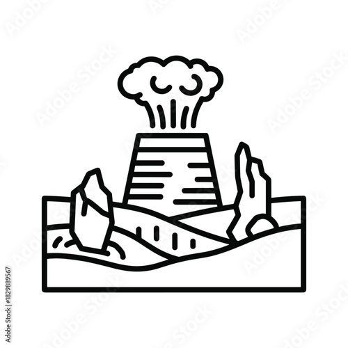 Erupting Volcano Line Art Icon with Rocky Landscape