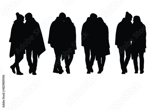 Silhouettes of couples embracing and walking together