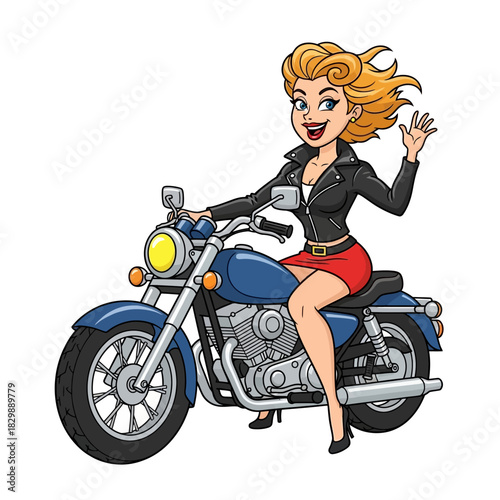 Smiling cartoon blonde woman in a leather jacket on a blue motorcycle.