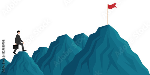 Businessman Climbing to Peak of the Mountain. Goal Achievement and Business Success Concept. 