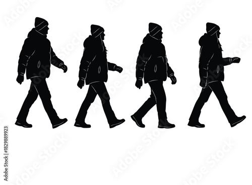 Silhouettes of people walking in winter jackets vector