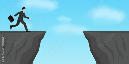 Businessman is Going to Jump over a Cliff. Goal Achievement and Business Success Concept. 