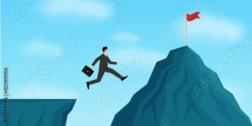 Businessman Jumping to Peak of the Mountain. Goal Achievement and Business Success Concept. 