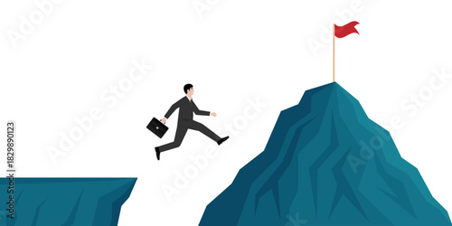 Businessman Jumping to Peak of the Mountain. Goal Achievement and Business Success Concept. 