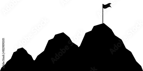 Red Flag on the Top of Mountain Silhouette. Goal Achievement and Business Success Concept. 
