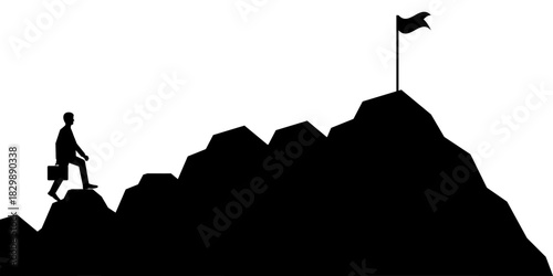 Businessman Climbing to Peak of the Mountain Silhouette. Goal Achievement and Business Success Concept. 