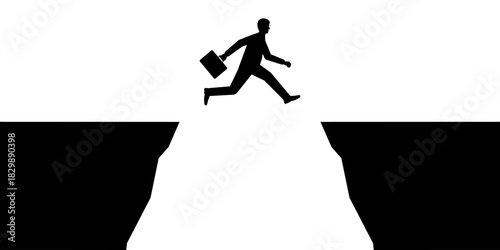 Businessman Jump over a Cliff Silhouette. Goal Achievement and Business Success Concept. 