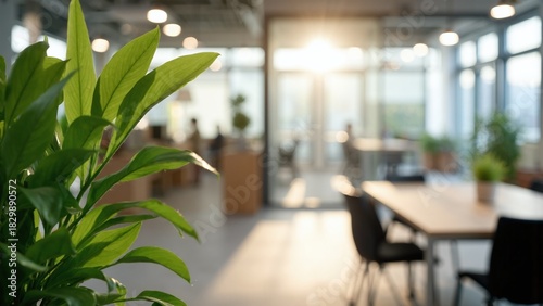 Empty Modern Coworking Office Meeting room Lush Indoor Plants Professional Corporate Workplace. bright Sunlight with trees and plants.