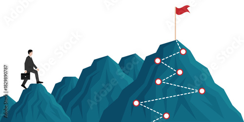 Businessman Climbing to Peak of the Mountain. Goal Achievement and Business Success Concept. 