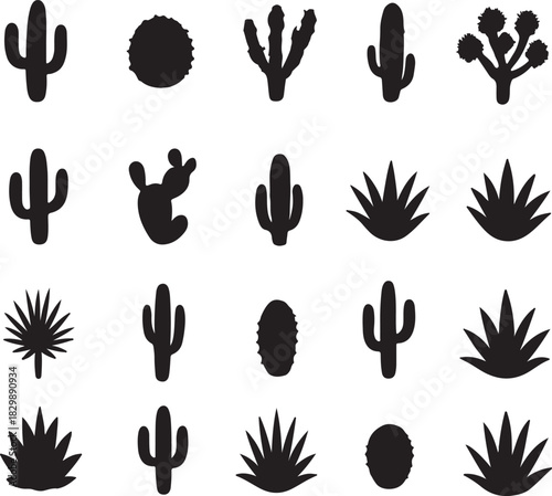 Black Silhouette Desert Plants Including Cacti and Agaves cactus succulent