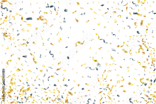 Silver gold falling confetti vector background. Party holiday striking decor. Carnival confetti streamers. Award or gift decor elements. Premium gold silver tinsels.