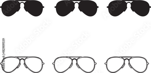 Illustration of classic aviator sunglasses type in various style black, color, and outline
