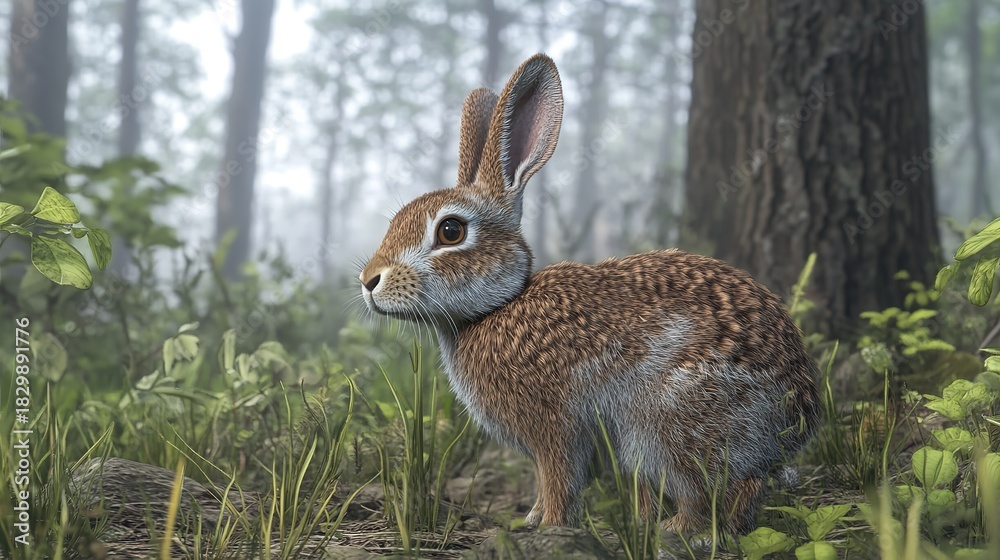 Fototapeta premium A brown rabbit standing in a grassy area with trees in the blurred background in the forest scene