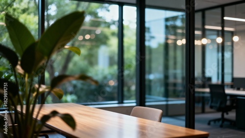 Empty Modern Coworking Office Meeting room Lush Indoor Plants Professional Corporate Workplace. bright Sunlight with trees and plants.
