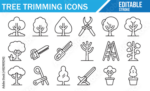 Tree Pruning and Trimming Line Icon Set with Gardening Tools