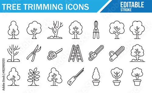 Tree Trimming and Pruning Line Icons Set with Chainsaw, Tools, and Gardening Equipment Isolated on White Background