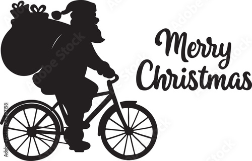 Santa Claus riding a bicycle and Merry Christmas typography silhouette vector