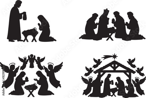 Set of four silhouetted nativity scenes for Christmas showing Joseph and Mary, Wise men and angels at the crib of the Christ child