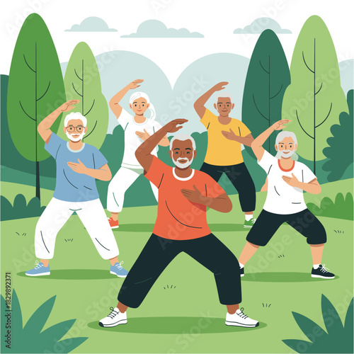 Senior People Practicing Tai Chi and Exercise in Park Illustration