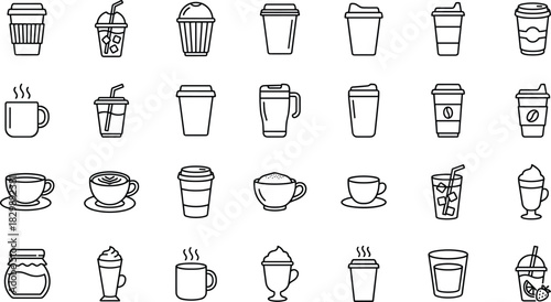 Minimalist line icons set for coffee, tea, and drinks, including takeaway cups, mug, cappuccino, espresso, iced coffee, latte, and beverage containers, vector stroke.
