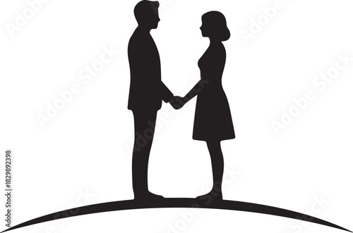  Silhouette of couple holding hands on hill against white background
