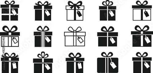 Black and white gift box icons with ribbon and tag, minimalist Christmas present silhouette collection, vector holiday design set