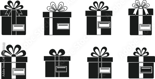 Black and white gift box silhouette collection with bows and ribbons, festive present icons for Christmas, birthday, and celebrations