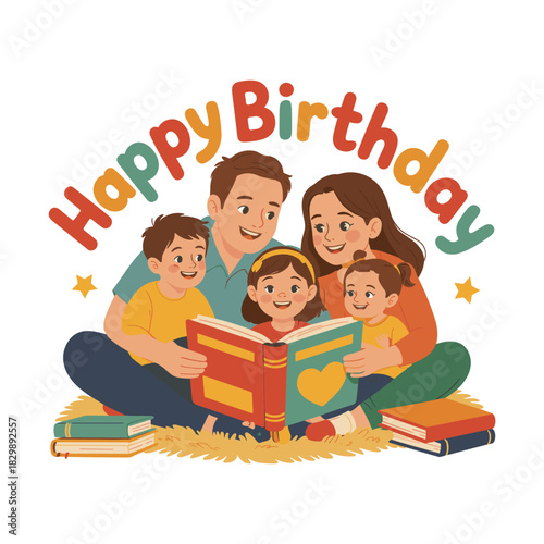 Happy Birthday Family Reading Together Cute Illustration
