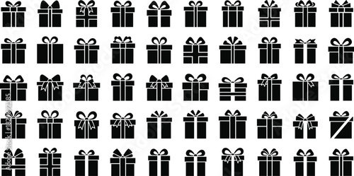 Black and white gift box silhouette bundle with ribbons and bows, present icons collection for Christmas, birthday, and festive design