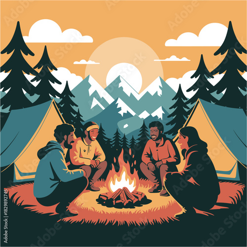 Friends Camping Around Campfire with Tents in Mountain Forest Illustration