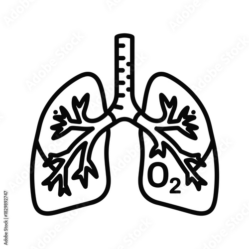 Human Lungs Outline Icon with O2 Symbol