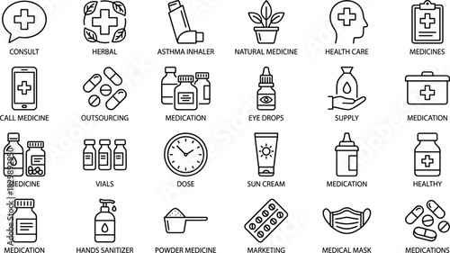 Minimalist line icons set for medicine, pharmacy, and health, including vials, pills, dose, sun cream, medical mask, inhaler, sanitizer, and natural medicine concepts, vector.