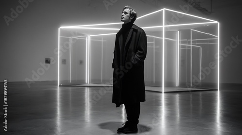 Monochrome contemplation: Man in black coat against luminous art installation
