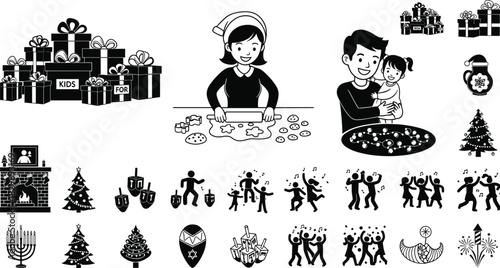 Black Christmas and Hanukkah celebration icons with family cooking, kids dancing, gifts, trees, menorah, festive symbols, holiday vector collection