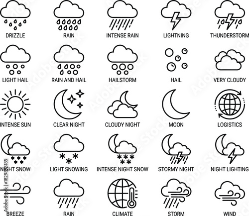 Minimalist line icons set for weather and climate, including rain, snow, hail, thunderstorm, lightning, sun, moon, clouds, wind, and storm forecasts, vector stroke.