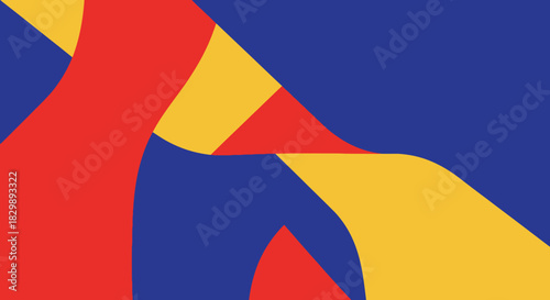 Abstract geometric shapes in vibrant colors create dynamic composition.