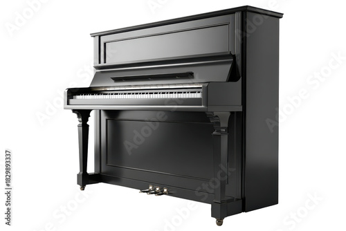 Classic upright piano isolated on transparent background. Classic upright piano with keys and pedals captured in black and white isolated on white background.