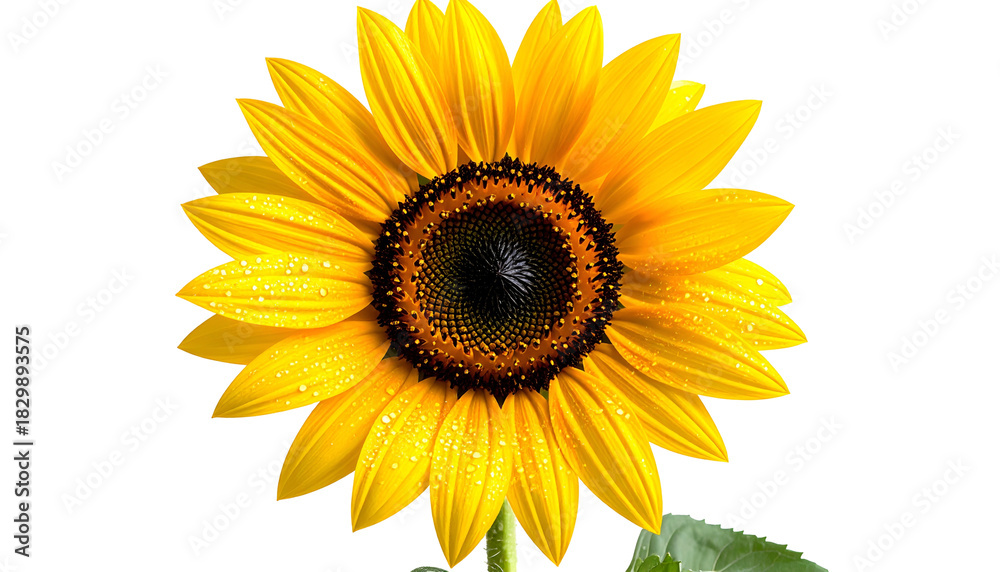 Naklejka premium Isolated vibrant sunflower with dewdrops, bright yellow petals, and dark center