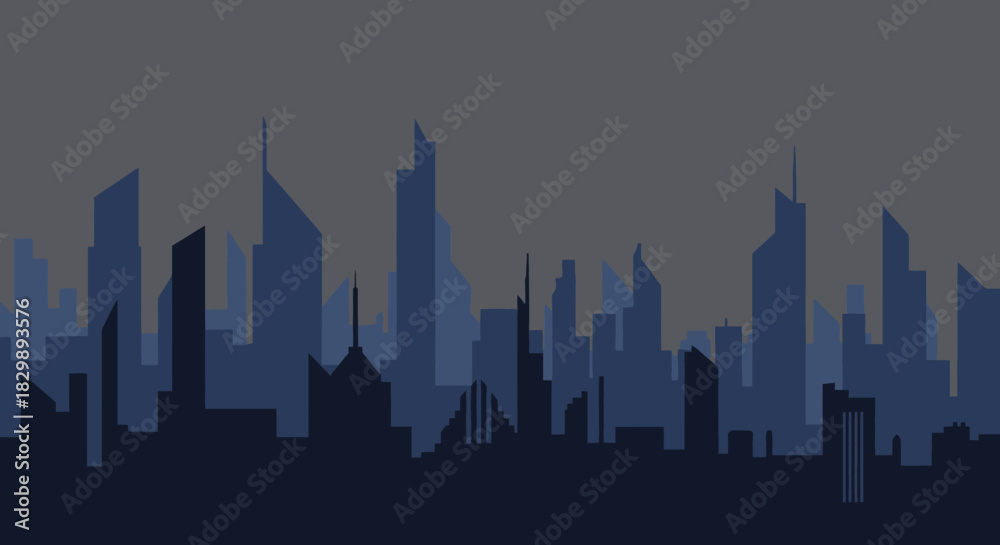 Naklejka premium Cityscape Silhouette at Dusk: Urban Skyline Illustration.