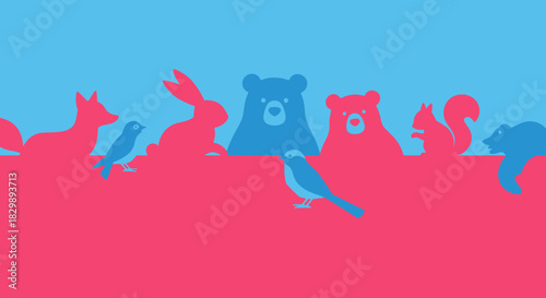 Colorful silhouettes of various animals in a vibrant landscape.