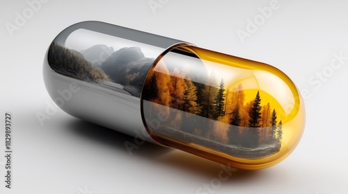 Nature's Remedy: Capsule filled with a forest and mountain landscape concept