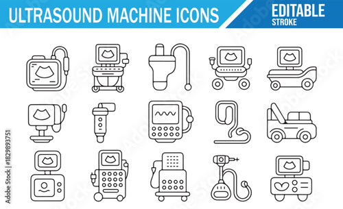 Healthcare diagnostic equipment and ultrasound linear icons
